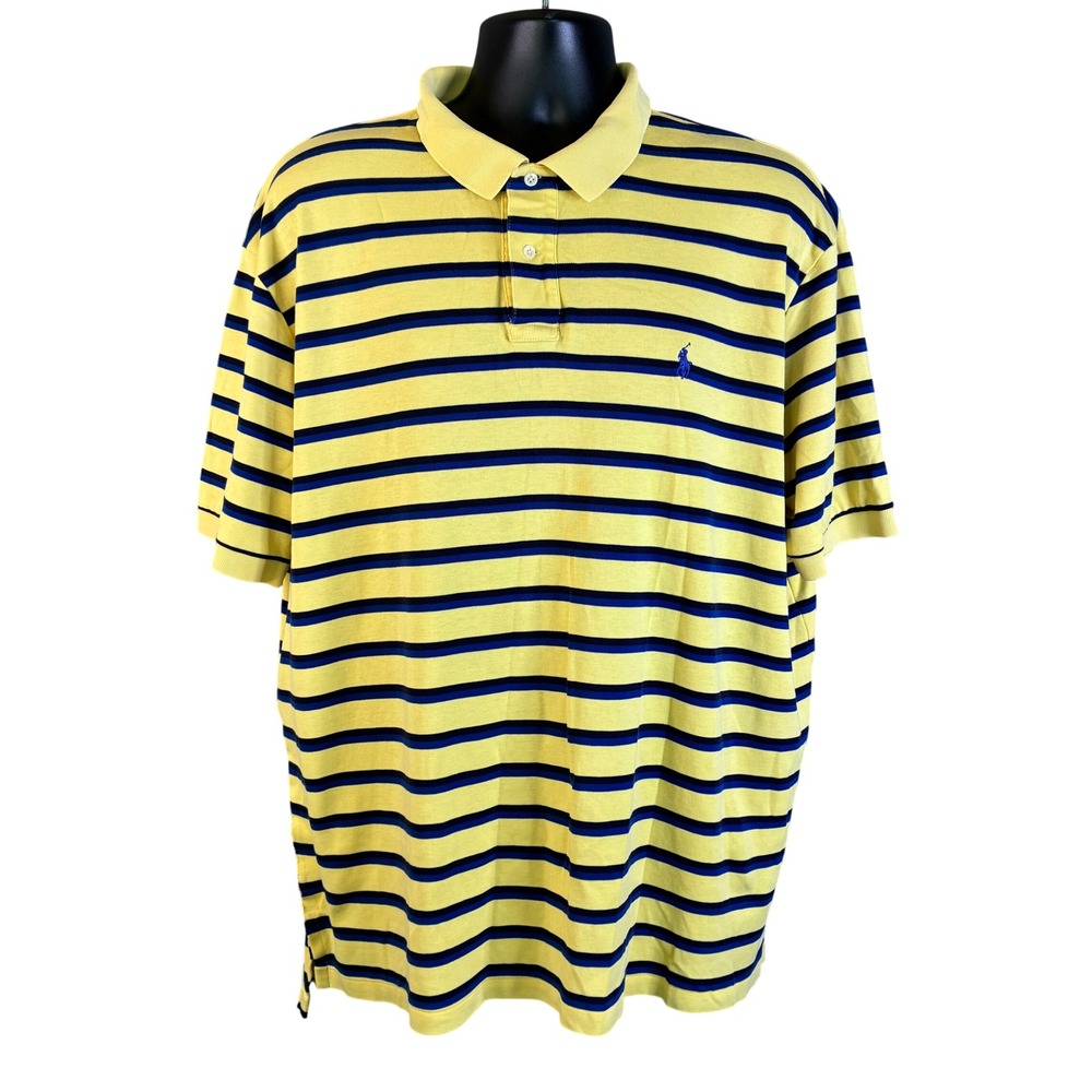 Polo Ralph Lauren Men's XXL Yellow Navy Blue Striped Short Sleeve Cotton Polo